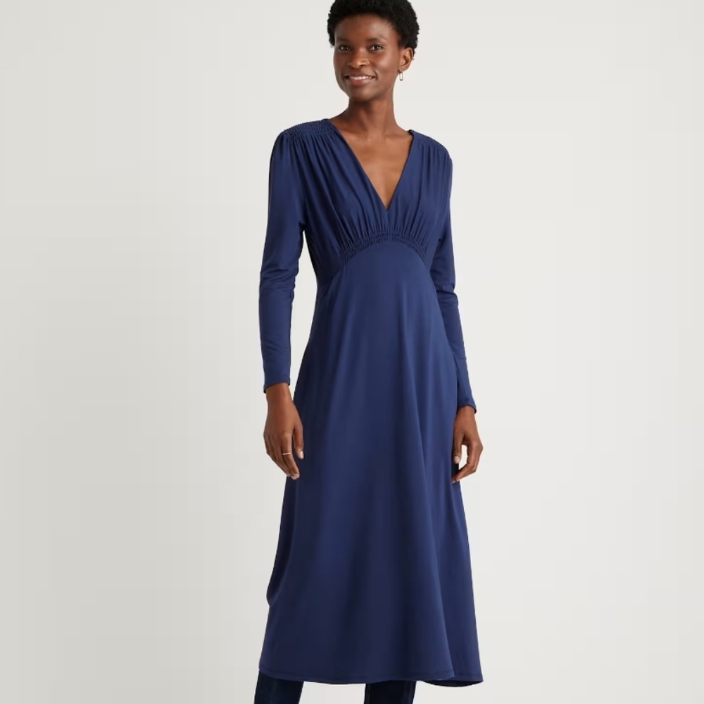 Quince Tencel Jersey V-Neck Long Sleeve Midi Dress Navy Size Medium